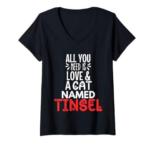 Damen Lametta-Design mit Katzennamen – All You Need is Love! T-Shirt mit V-Ausschnitt Damen Lametta-Design mit Katzennamen – All You Need is Love! T-Shirt mit V-Ausschnitt von Tinsel Cat Name Gifts