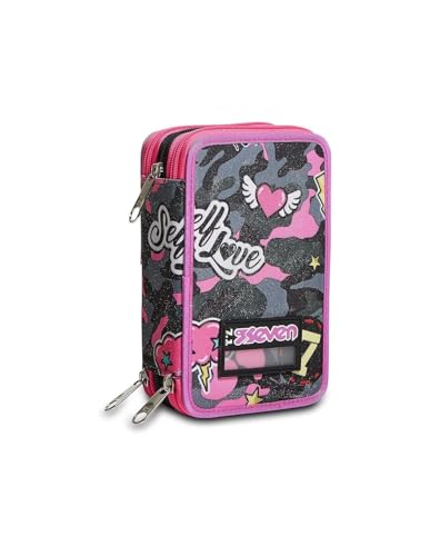 Federmäppchen Seven Camouflage Girl mit 3 Reißverschlüssen, komplett mit Farben + Beutel mit Fach von Tinta Unita
