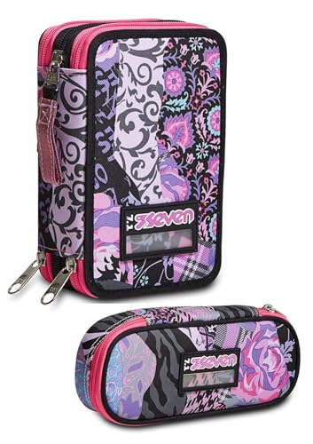 Federmäppchen Seven Rosegree Girl mit 3 Reißverschlüssen, komplett mit Farben + Beutel mit Fach von Tinta Unita