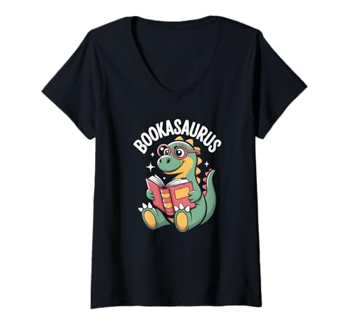 Damen Bookasaurus Lustiger Dinosaurier-Leser Nerd Smart Humor Style T-Shirt mit V-Ausschnitt von Tiny Arms Club