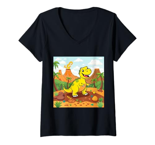 Damen Happy Dinosaur Adventure Cartoon im prähistorischen Dschungel T-Shirt mit V-Ausschnitt von Tiny Dino Tales