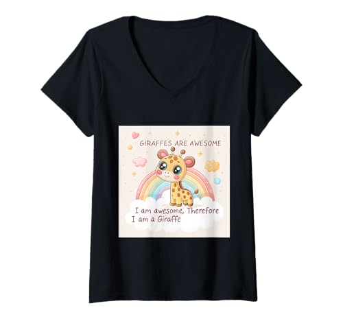Damen Kawaii Giraffe Regenbogen Kunst mit lustigem Zitat T-Shirt mit V-Ausschnitt Damen Kawaii Giraffe Regenbogen Kunst mit lustigem Zitat T-Shirt mit V-Ausschnitt von Tiny Savannah Studio