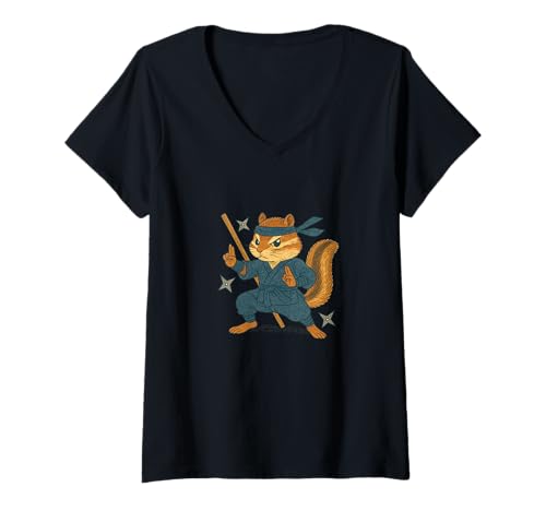 Damen Ninja Chipmunk Stealthy Forest Warrior Lustiges Lebewesen T-Shirt mit V-Ausschnitt Damen Ninja Chipmunk Stealthy Forest Warrior Lustiges Lebewesen T-Shirt mit V-Ausschnitt von Tiny Shadows Woodland Clan