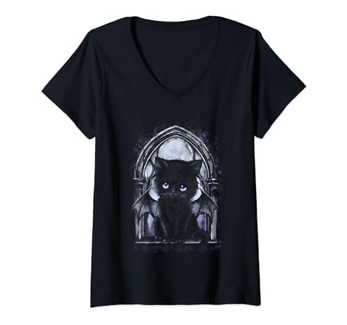 Damen Dämonenkatze schwarze Gothic Katze mit Fledermaus Flügeln T-Shirt mit V-Ausschnitt von Tiny Tami Merch