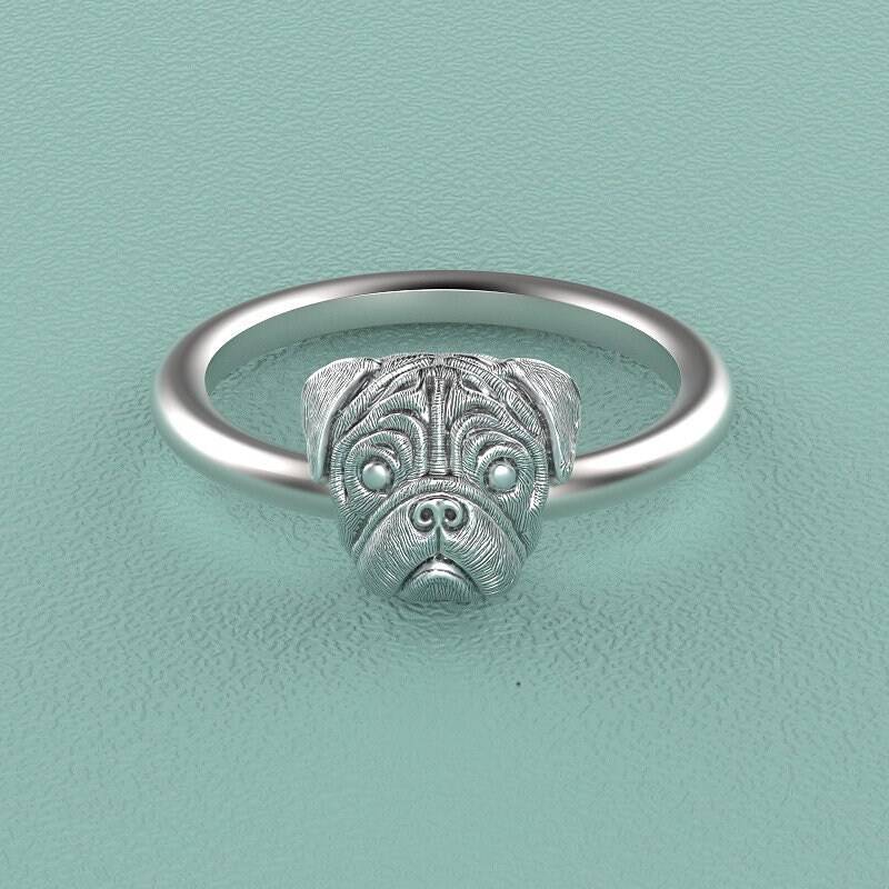 Handgemachte Mops Gesicht Ring in Sterling Silber Von Tinybling Jewellers von TinyBling