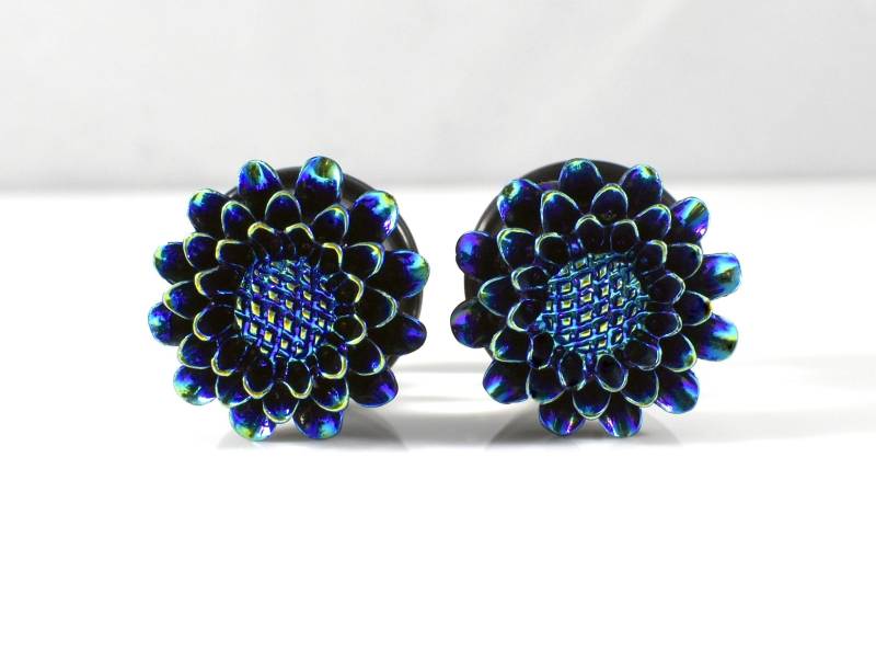 Abstand - Plug Ohrringe 7/16 Zoll, 1/2 Zoll Und 9/16 Navy Blue Sunflower Zinnia Blumen-Plugs von TinyLittleFunBits