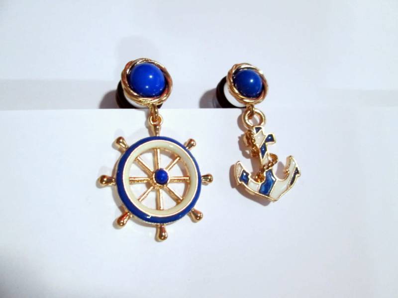 Ausverkauf - Plugs Gold Und Blau Nautical Dangle 0G, 00G, 7/16 in 1/2 von TinyLittleFunBits