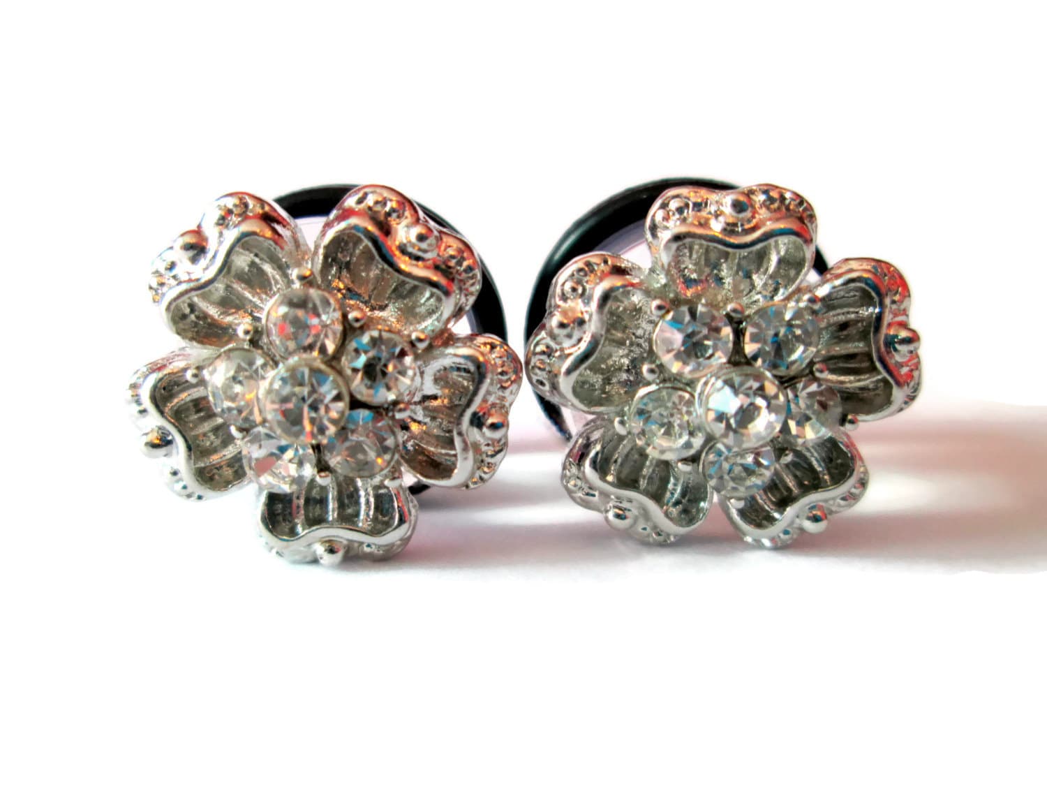 Ausverkauf - Plugs Silber Blumen Funkeln Strass 1/2 Zoll, 9/16 Zoll Und 5/8 Zoll von TinyLittleFunBits