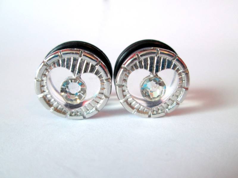 Silber Herz Strassstein Stecker Glitzer Ohr Gauges | 1/2 in & 9/16 In von TinyLittleFunBits