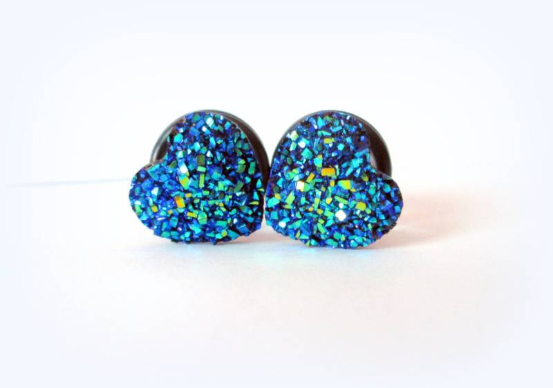 Sparkle Blau Grün Druzy Herz Plugs | 0G, 00G von TinyLittleFunBits
