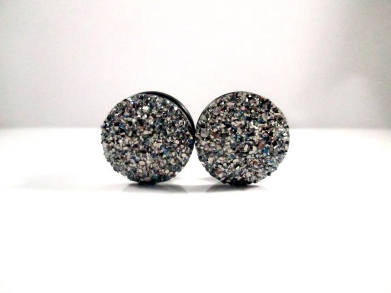 Gauges - Plug Ohrringe Dunkelgraues Kohle Zinn Large Sparkle Faux Druzy 9/16 In, 5/8 3/4 7/8 In von TinyLittleFunBits
