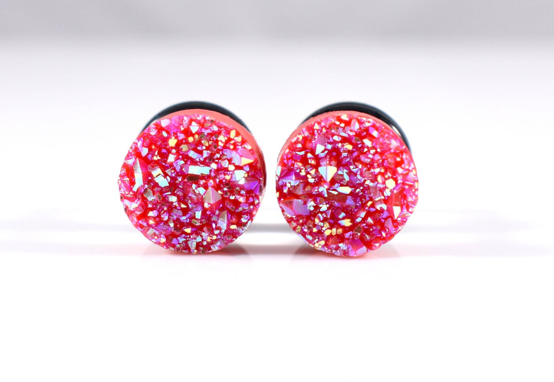 Ohrstecker - Light Red Sparkle Faux Druzy 2G, 0G Und 00G von TinyLittleFunBits