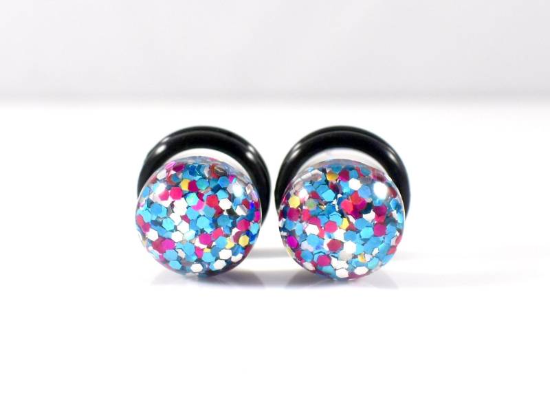 Ohrstecker - Pink, Silber Und Blau Rund Glitzer 2G, 0G 00G von TinyLittleFunBits