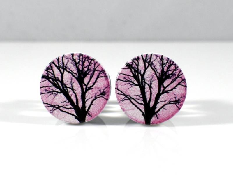 Ohrstecker - Pink White Sunset Trees Holzknopf 00G, 1/2 In, 7/16 in Und 9/16 von TinyLittleFunBits
