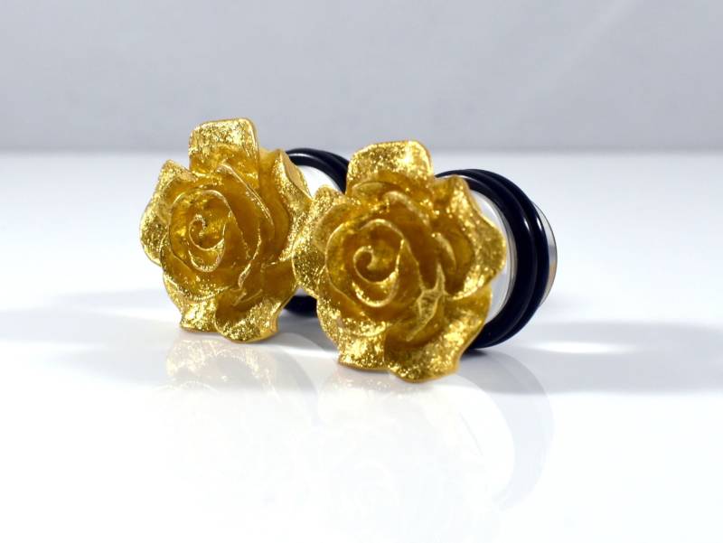 Plug Ohrringe - 00G, 7/16 Zoll, 1/2 9/16 Zoll Gold Foil Sparkle Blumen Plugs von TinyLittleFunBits