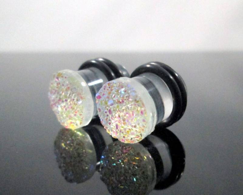 Plug Ohrringe - Clear Gem Ab Finish Sparkle Faux Druzy 2G, 0G Und 00G von TinyLittleFunBits