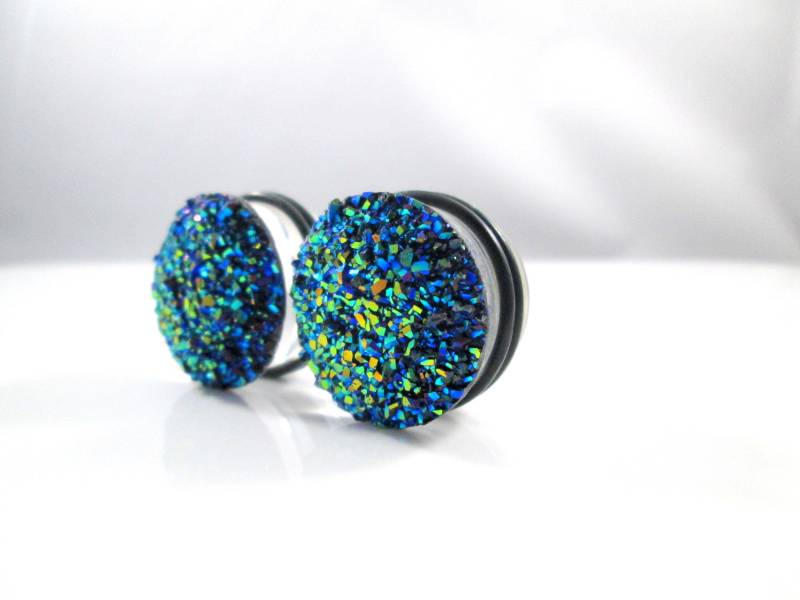 Plug Ohrringe - Dunkelgrün Großes Funkeln Faux Druzy 3/4 In, 7/8 In von TinyLittleFunBits