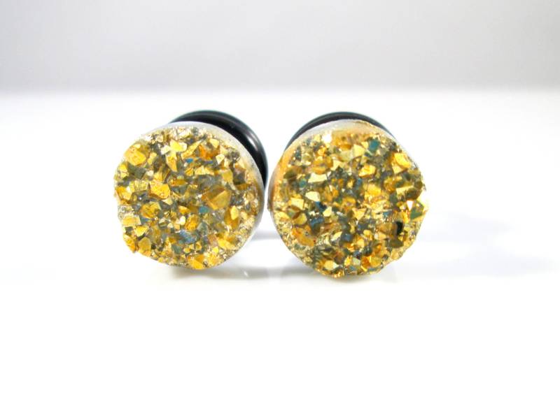 Plug Ohrringe - Gold Chunky Metallic Faux Druzy Sparkle 4G, 2G, 0G Und 00G von TinyLittleFunBits