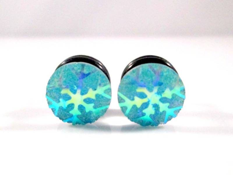 Plug Ohrringe - Hübscher Türkis Winter Schneeflocke Frozen 2G, 0G Und 00G von TinyLittleFunBits