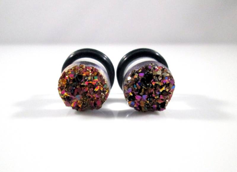 Plug Ohrringe - Lila Dunkelrot Gold Chunky Sparkle Faux Druzy 4G, 2G, 0G Und 00G von TinyLittleFunBits