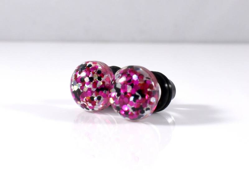 Plug Ohrringe - Pink, Silber Und Schwarz Runde Glitter Sparkle 2G, 0G 00G von TinyLittleFunBits