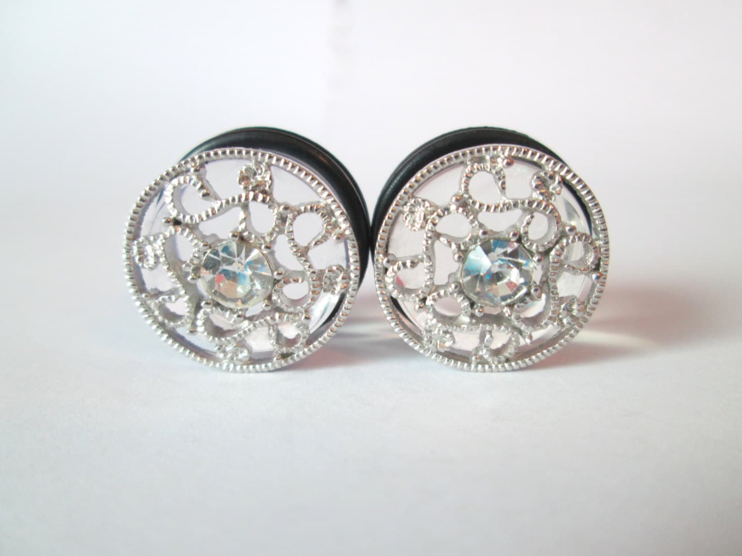 - Plug Ohrringe Silber Filigrane Wirbel Funkeln Strass 1/2 In, 9/16 5/8 In von TinyLittleFunBits