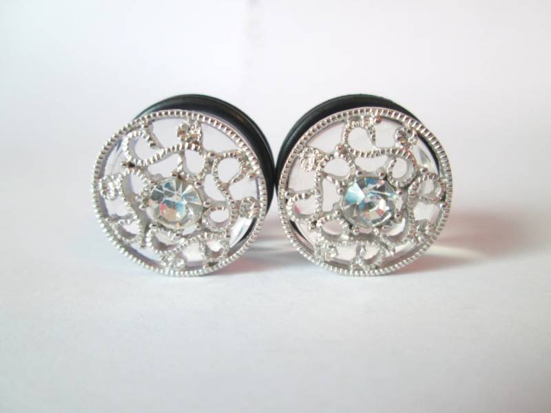 - Plug Ohrringe Silber Filigrane Wirbel Funkeln Strass 1/2 In, 9/16 5/8 In von TinyLittleFunBits