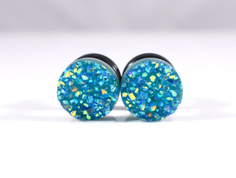 Plug Ohrringe - Türkis Aqua Blue Sparkle Faux Druzy 2G, 0G Und 00G von TinyLittleFunBits