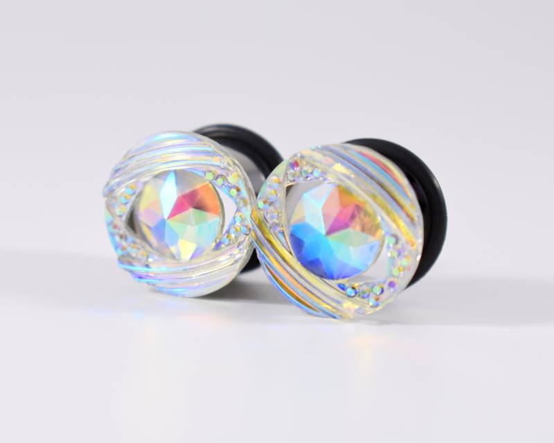 Plug Ohrringe - Weiß Ab Finish Klar Rundes Auge 7/16 Zoll, 1/2 Zoll Und 9/16 von TinyLittleFunBits