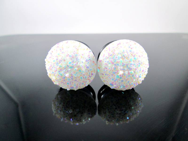 Plug Ohrringe - White Snowball Ab Sparkle Druzy 0G, 00G, 7/16In Und 1/2 In von TinyLittleFunBits