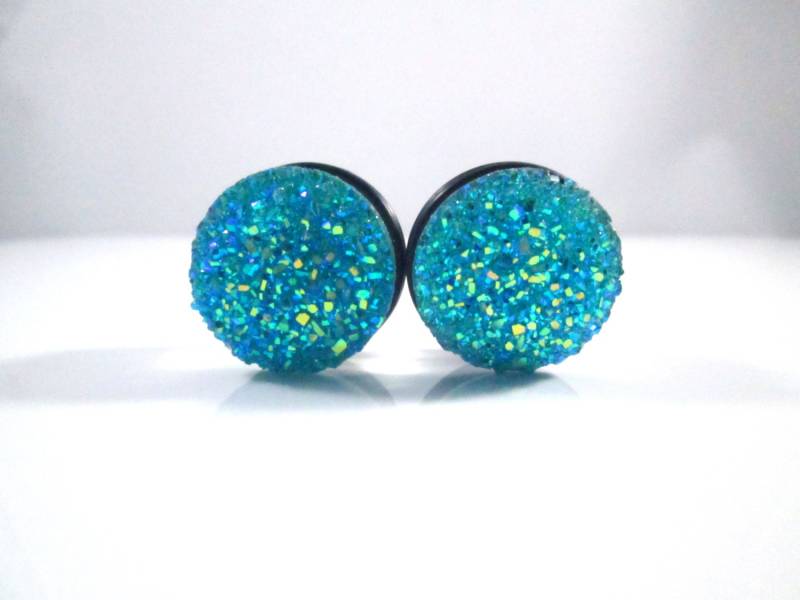 Plugs - Aqua Türkis Blau Large Sparkle Faux Druzy 3/4 Zoll, 7/8 Zoll von TinyLittleFunBits