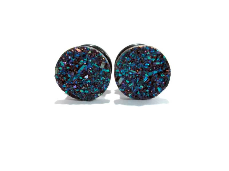 Plugs - Blau Mit Lila Akzenten Druzy 7/16In, 1/2 in Und 9/16In von TinyLittleFunBits