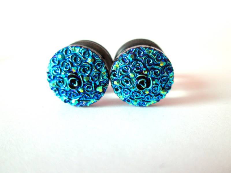Plugs - Blue Floral Sparkle Druzy 2G, 0G Und 00G von TinyLittleFunBits