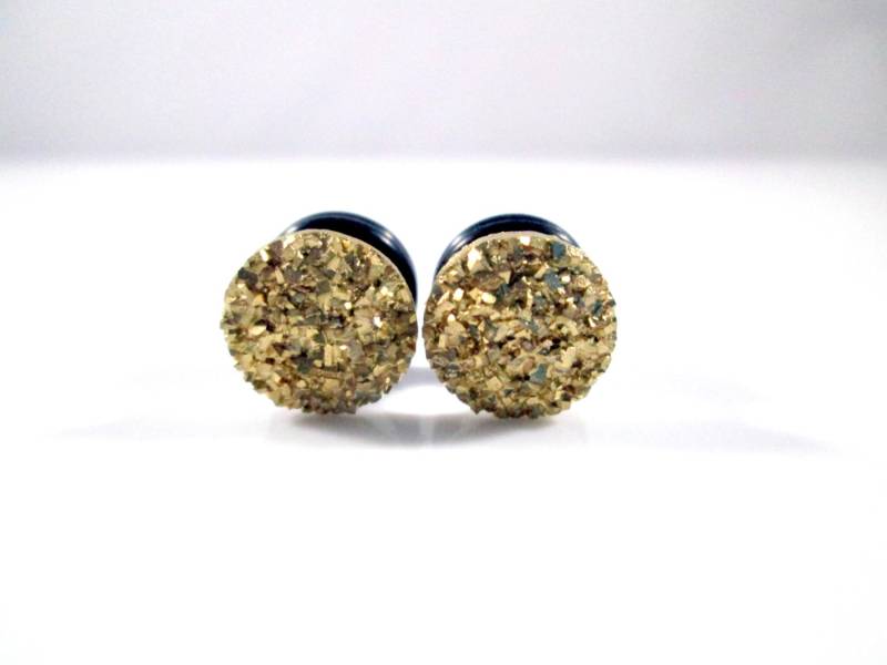 Plugs - Gelbgold Metallic Faux Druzy Sparkle 4G, 2G, 0G, 00G, 7/16"Und 1/2" von TinyLittleFunBits