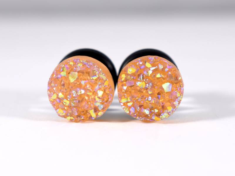 Plugs - Peach Orange Faux Druzy Sparkle 4G, 2G, 0G Und 00G von TinyLittleFunBits