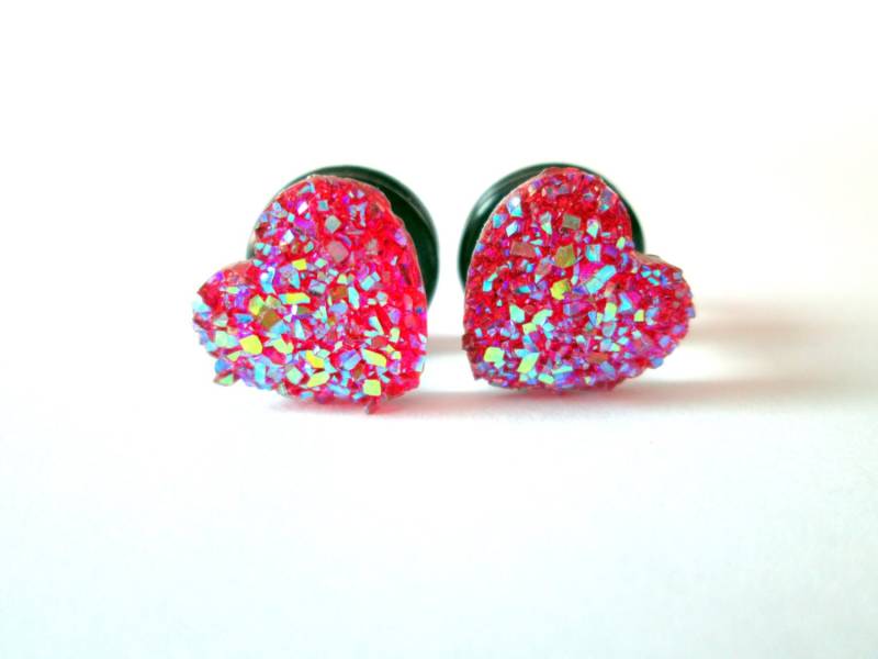 Plugs - Pink Heart Sparkle Druzy 2G, 0G Und 00G von TinyLittleFunBits