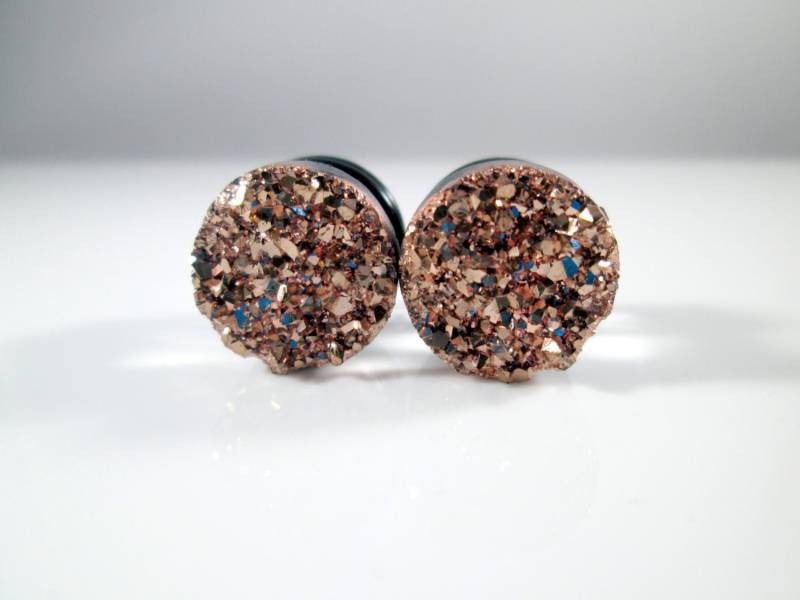 Plugs - Plug Ohrringe Roségold Glitzer Druzy 7/16 In, 1/2 in Und 9/16 von TinyLittleFunBits