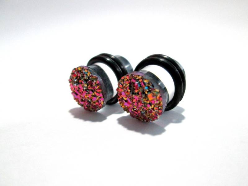 Plugs - Rosegold Und Pink Sparkle Druzy 2G, 0G 00G von TinyLittleFunBits