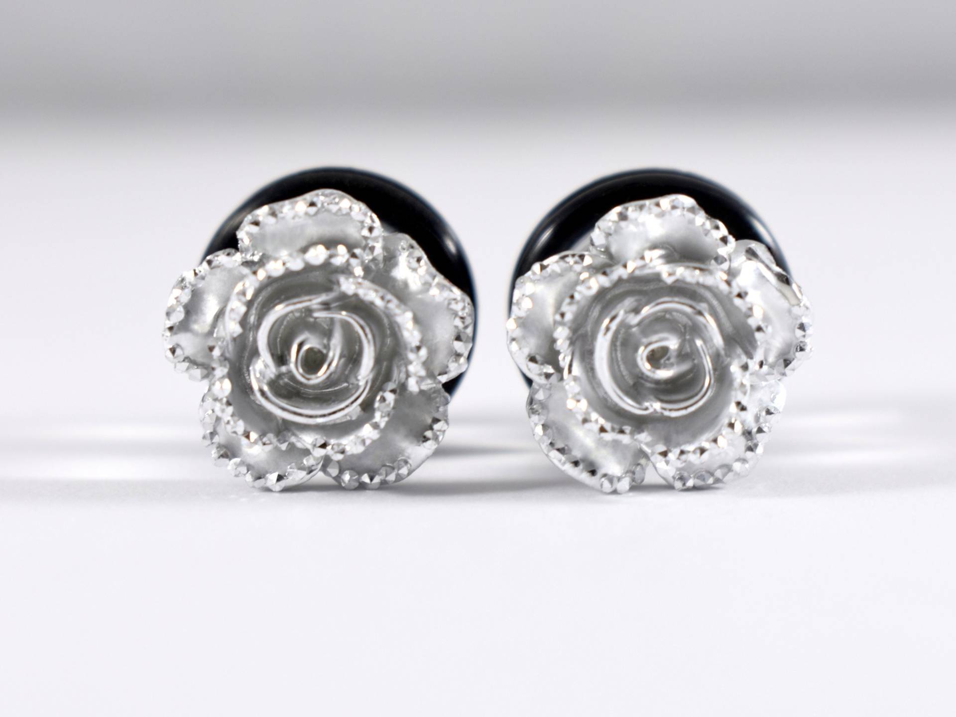 Plugs - Silber Glitzer Blume Rose 2G, 0G Und 00G Eingefasst von TinyLittleFunBits
