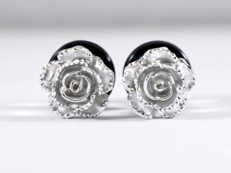Plugs - Silber Glitzer Blume Rose 2G, 0G Und 00G Eingefasst von TinyLittleFunBits