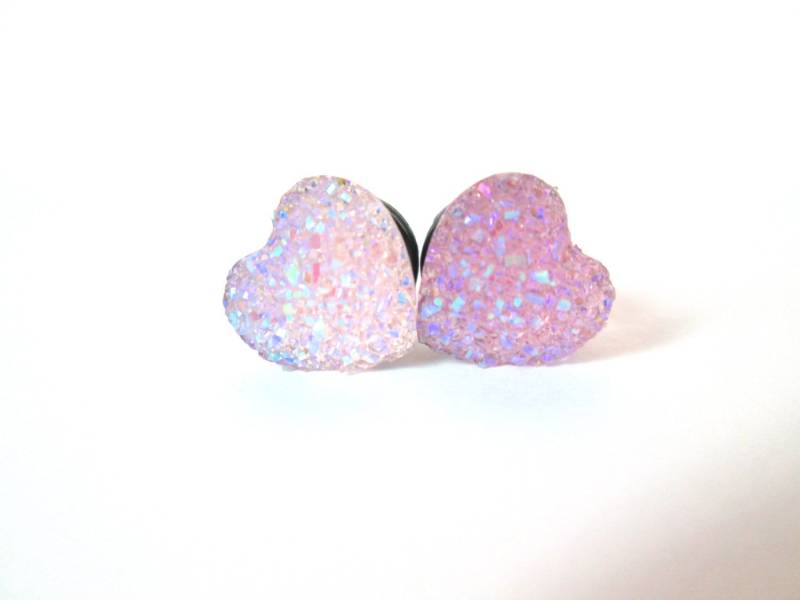 Plugs - Sparkle Pale Pink Druzy Herz 2G, 0G, 00G von TinyLittleFunBits