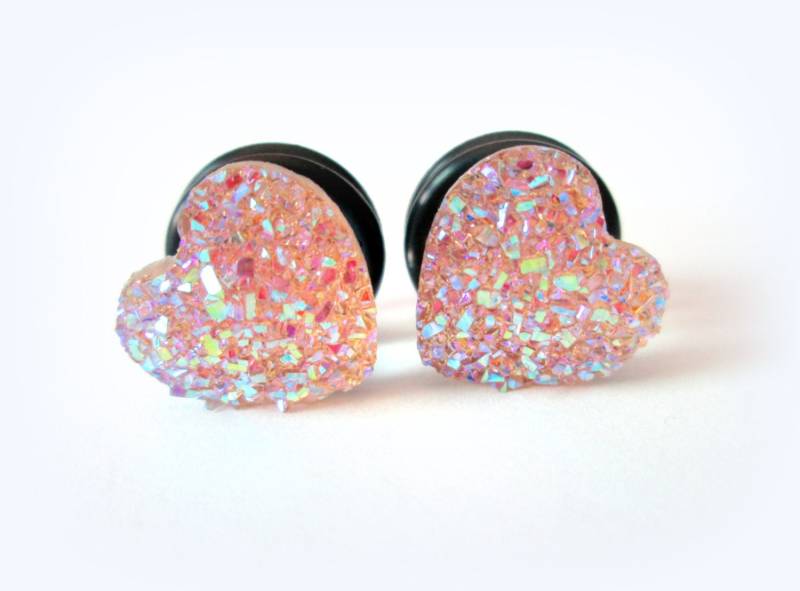 Plugs - Sparkle Peach Champagner Druzy Herz 0G, 00G von TinyLittleFunBits