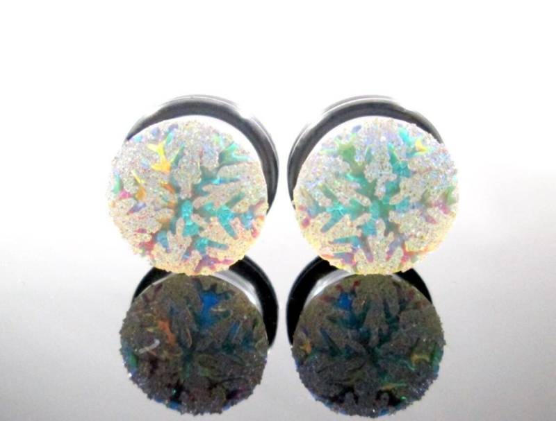 Plugs - Weiße Glitzer-Schneeflocke-Messgeräte 2G, 0G, 00G, 7/16 Zoll, 1/2 9/16 5/8 Zoll Und 3/4 von TinyLittleFunBits