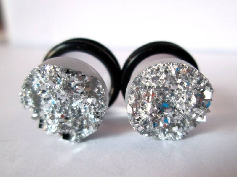 stecker - Silver Sparkle Druzy 2G, 0G Und 00G von TinyLittleFunBits