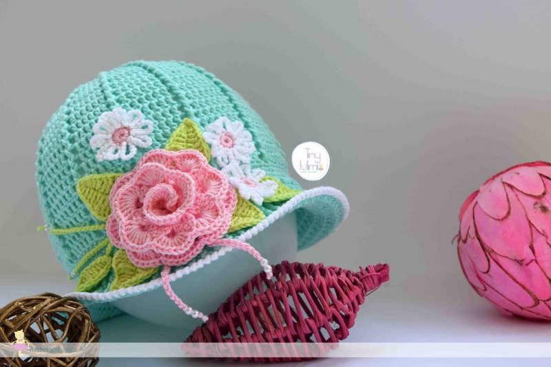 Gehäkelter Sonnenhut Für Babys Mintfarbener Panamahut Mit Rose von TinyMimiMimi