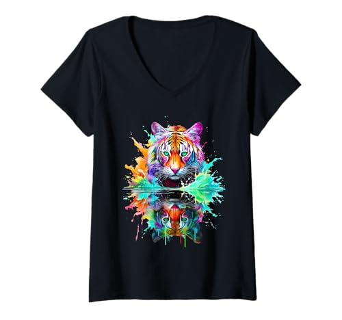 Damen Gemaltes Aquarell Tiger T-Shirt mit V-Ausschnitt Damen Gemaltes Aquarell Tiger T-Shirt mit V-Ausschnitt von TinyTigerGrafix
