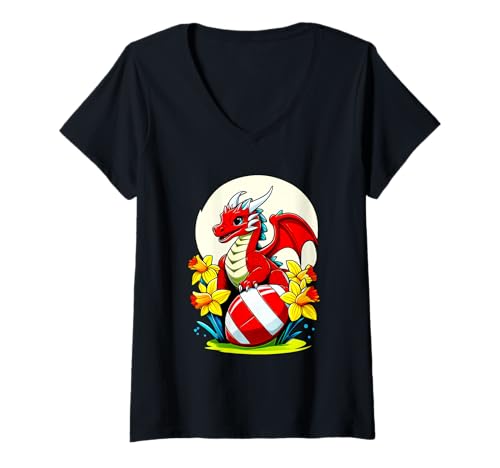 Damen Walisischer Rugby-Drache unter Narzissen T-Shirt mit V-Ausschnitt Damen Walisischer Rugby-Drache unter Narzissen T-Shirt mit V-Ausschnitt von TinyTigerGrafix