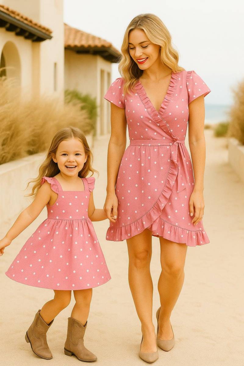 Pink Polka Dot Mami Und Ich Kleider, Herbst Mama Passende Outfits, Mutter Tochter Kleid, Rosa Wickelkleid von TinyTotsKids