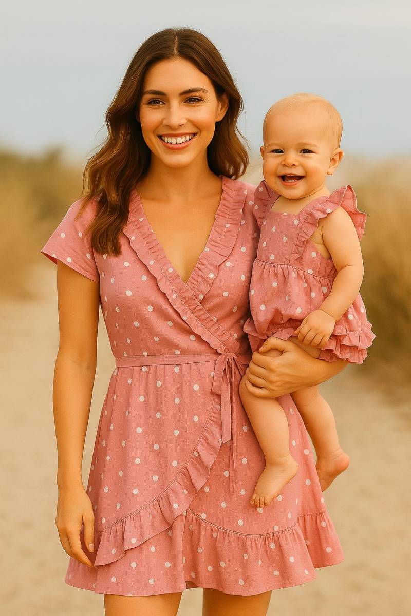 Pink Polka Dot Mami Und Ich Kleider, Herbst Mama Passende Outfits, Mutter Tochter Kleid, Rosa Wickelkleid von TinyTotsKids