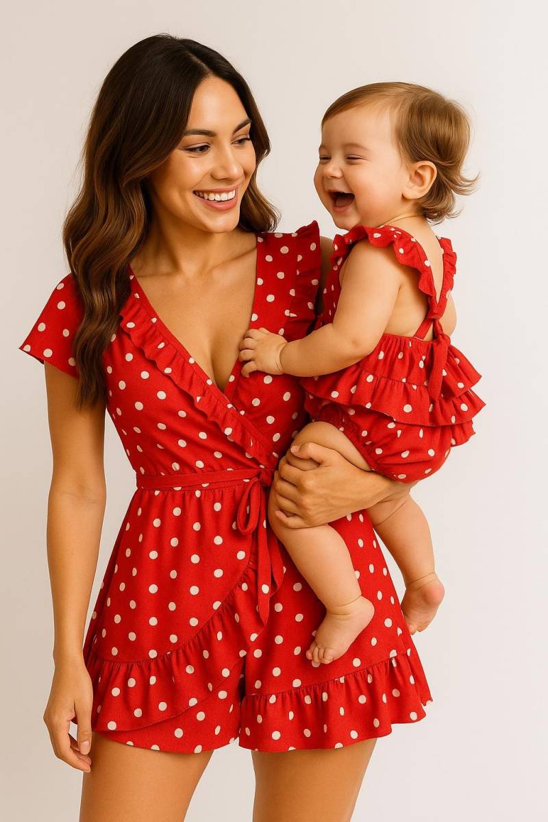 Rot Gepunktete Mama Und Ich Kleider, Passende Outfits, Rote Mutter Tochter Kleid, Rotes Gepunktetes Wickelkleid von TinyTotsKids